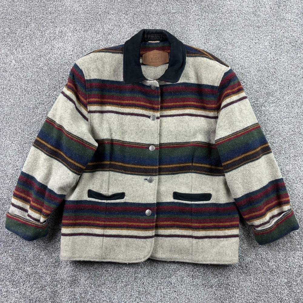 Vintage Woolrich Wool Jacket Mens XL Striped‎ Southwest Blanket Leather Collar
